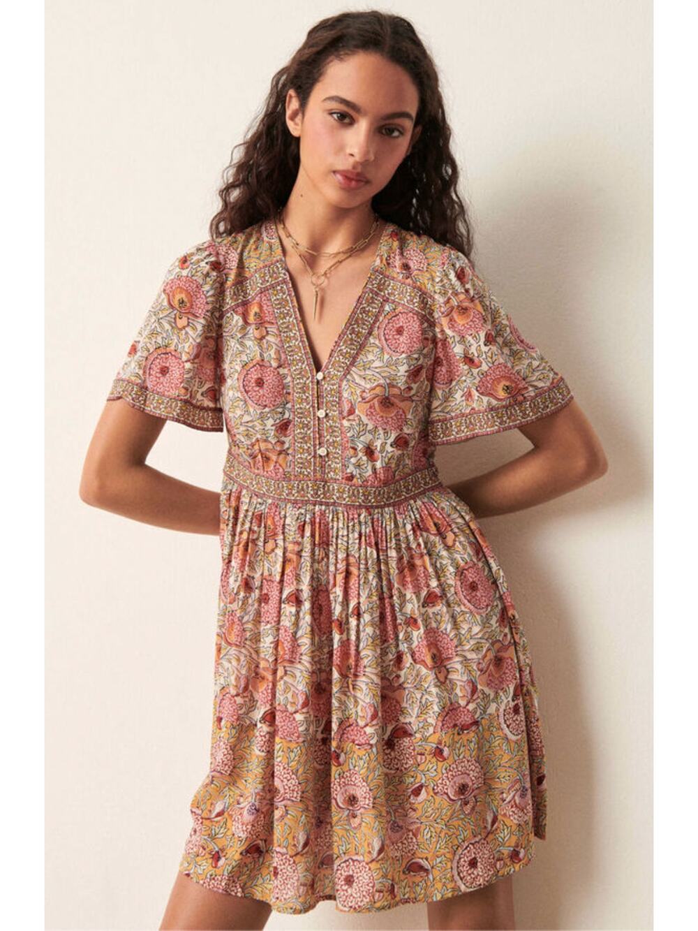 ba&sh Valia Dress Ocre Floral Viscose Mini Boho Cottagecore Parisian 2